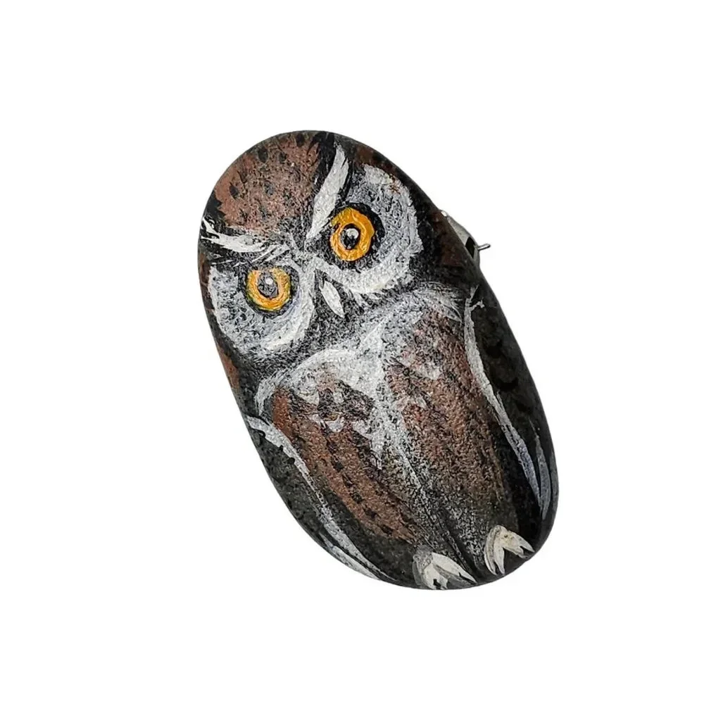 Artist Signed Original Hand Painted Rock Owl Brooch Pin Vintage